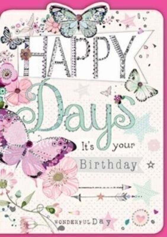 Happy Days Birthday Card by Florentine Vintage for Paper Rose. 'Happy Days its your Birthday' on the Front. 'Have a really fabulous birthday' on the inside. Sequin embellishments. Comes with a Cerise Envelope. Size 7x5